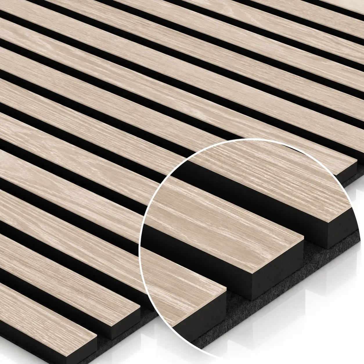 Bleached Oak Wood Slat Wall Panelling close-up with black felt backing