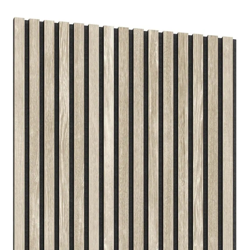 Front view of Bleached Oak slat panel with black acoustic felt