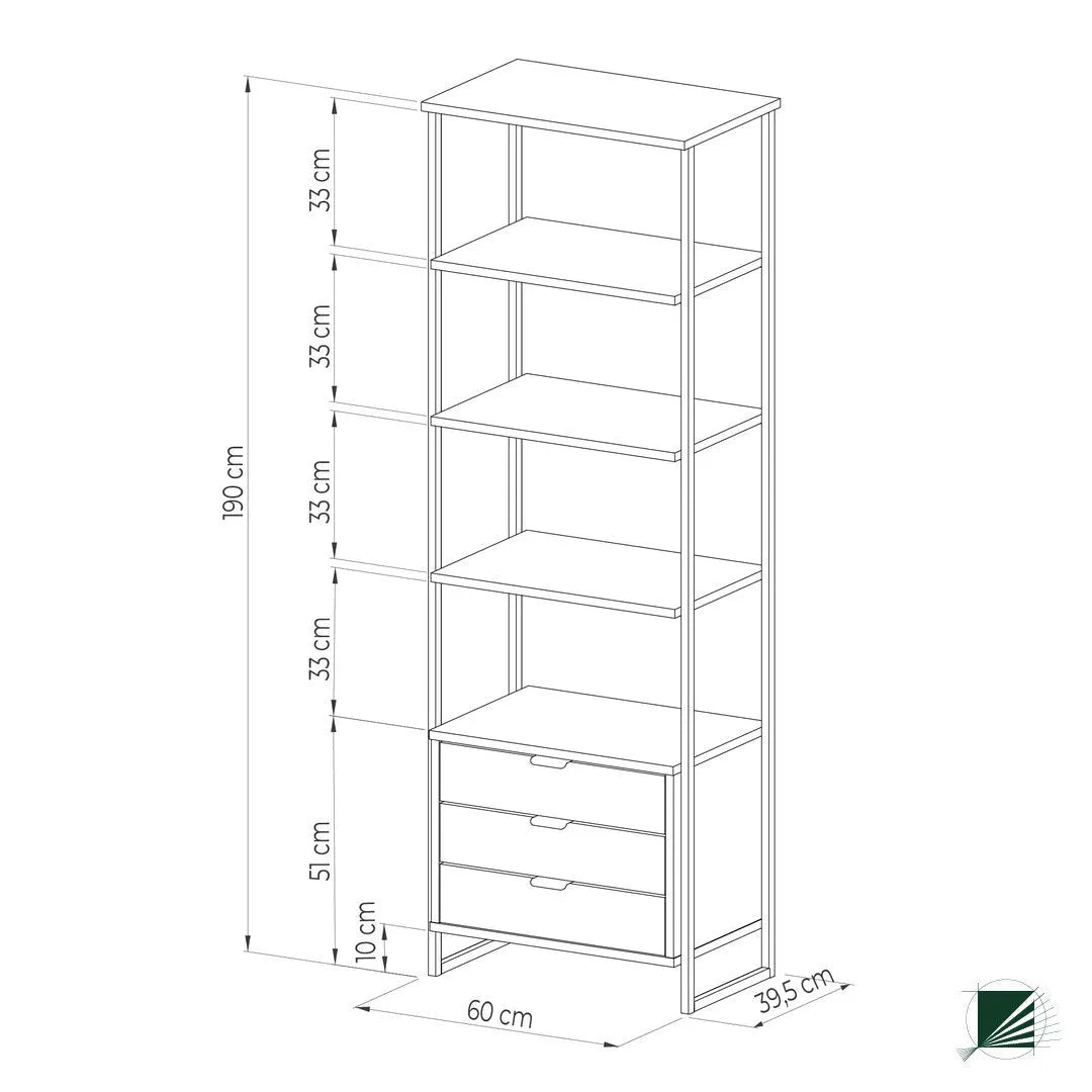 Bookstand LOFT Oak Black dimensions on white background DecorMania.eu