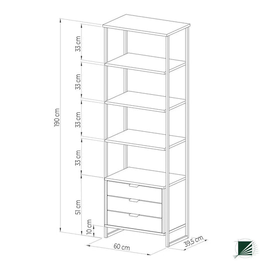 Bookstand LOFT Oak Black dimensions on white background DecorMania.eu