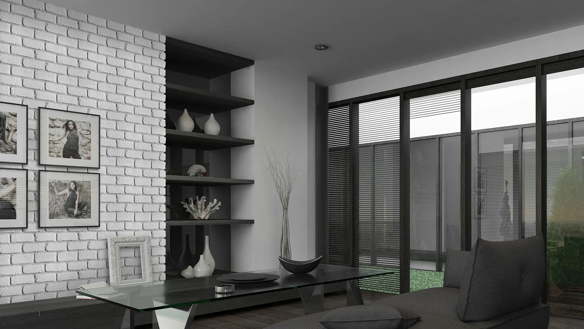 Brick Slips LOFT Gypsum Interior - box white feature wall on black and white interior Decormania.eu
