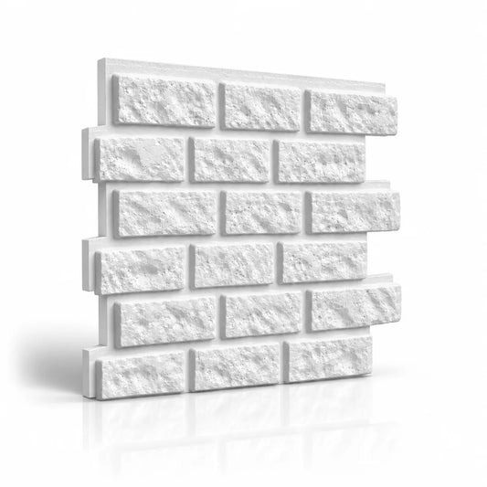Hvid Brick 3D-vægpanel i gips med teksturerede forskudte mursten på en hvid baggrund