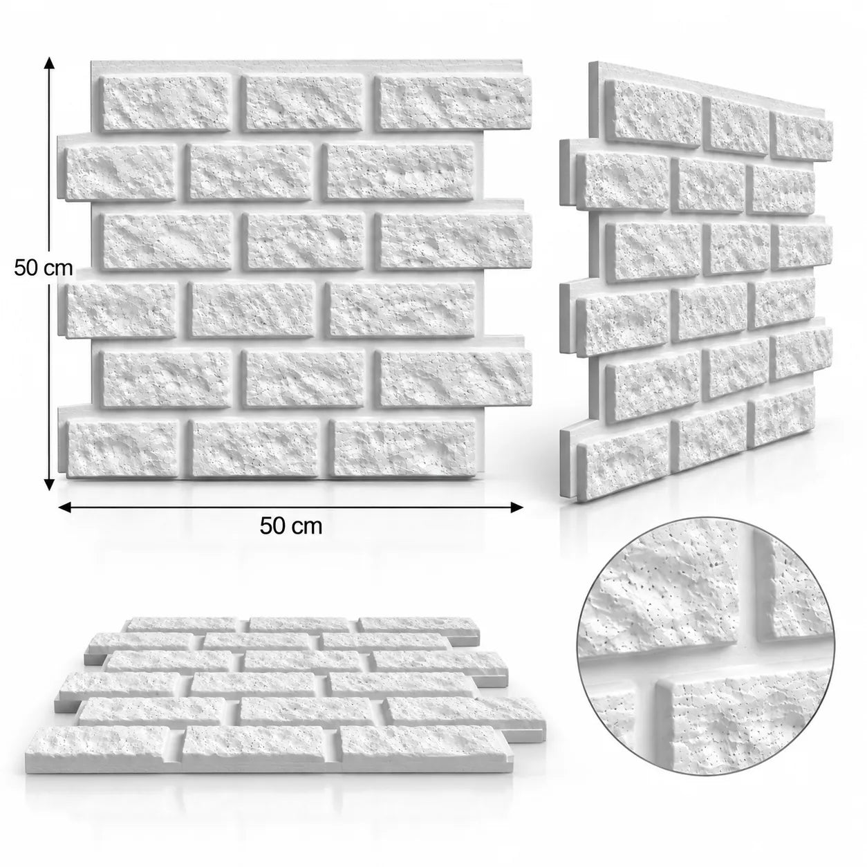 Brick 3D-vægpanel i gips vist fra flere vinkler, med målene 50 cm x 50 cm og en nærdetalje af relieffet