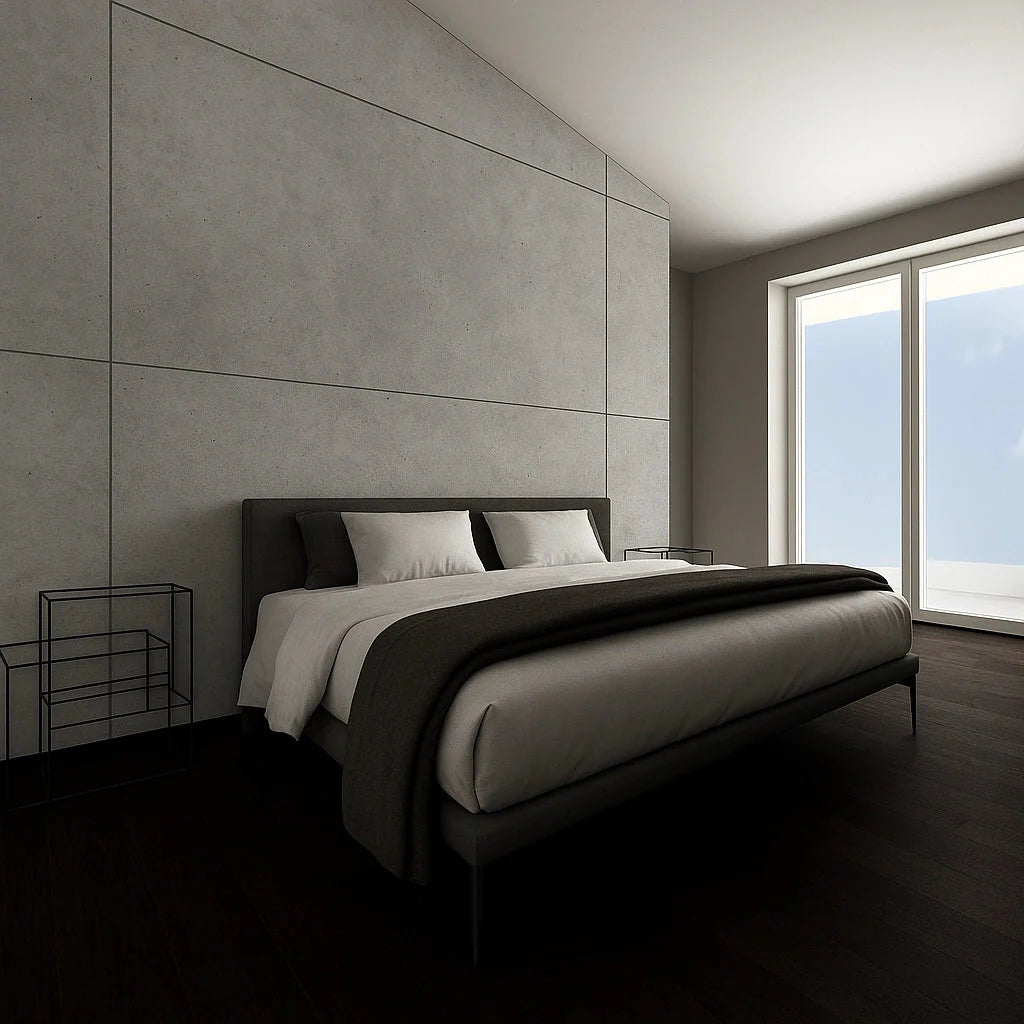 CONCREO® Faux Concrete Decorative Panels - Natural Smooth in bedroom interior Decormania eu