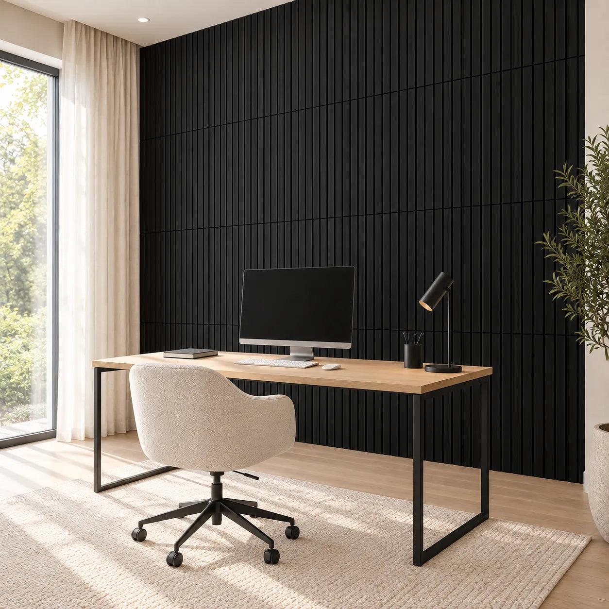 1. Angled office interior with Charcoal acoustic wall panels