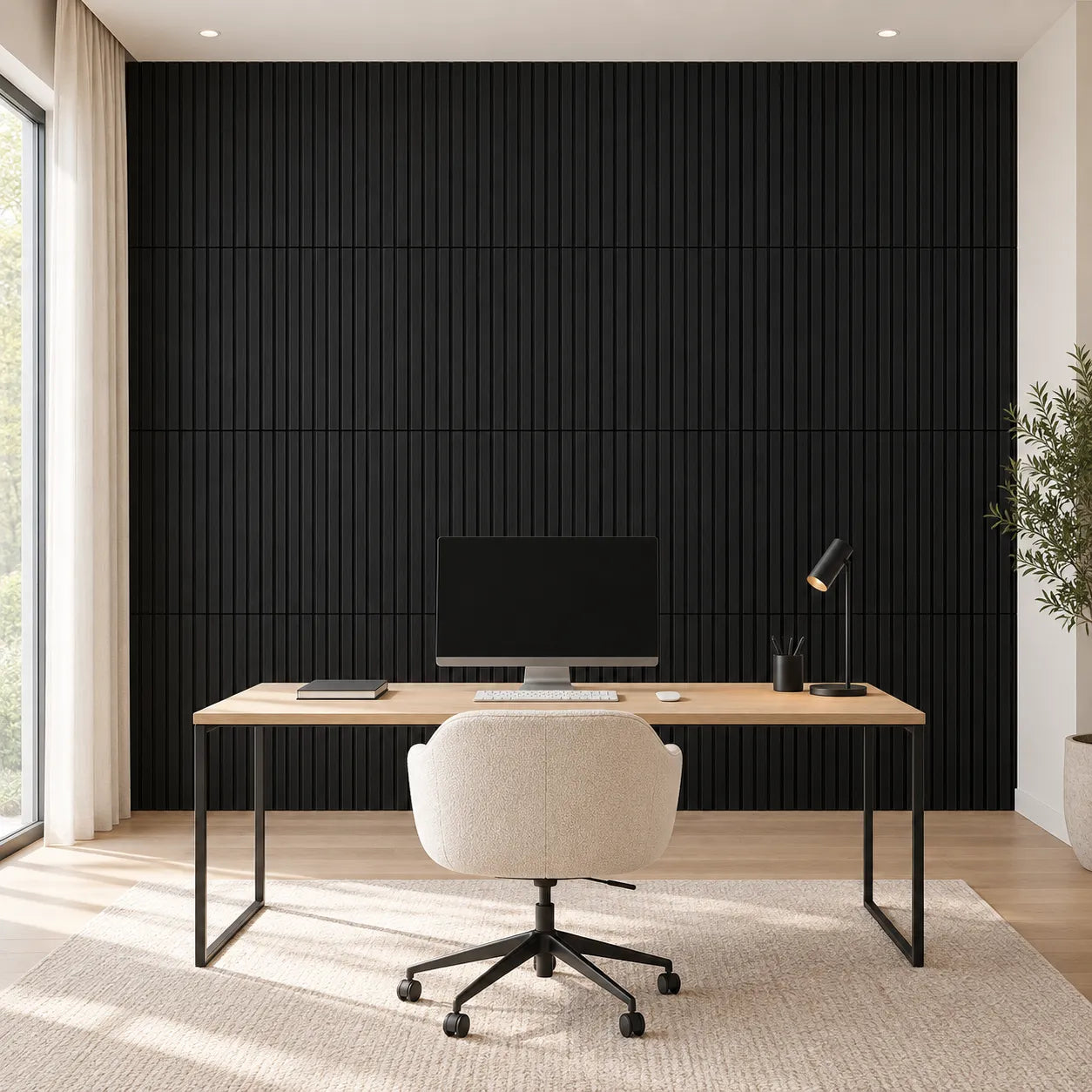 Black slatted feature wall behind contemporary office desk