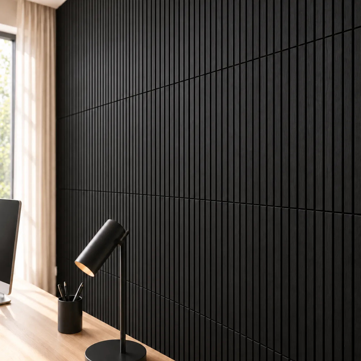 Charcoal Wood Slat Wall Panelling detail in modern home office