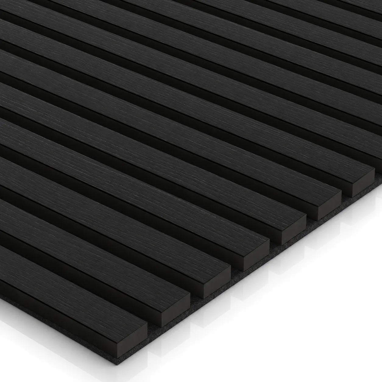 Charcoal Wood Slat Wall Panelling with black acoustic felt backing