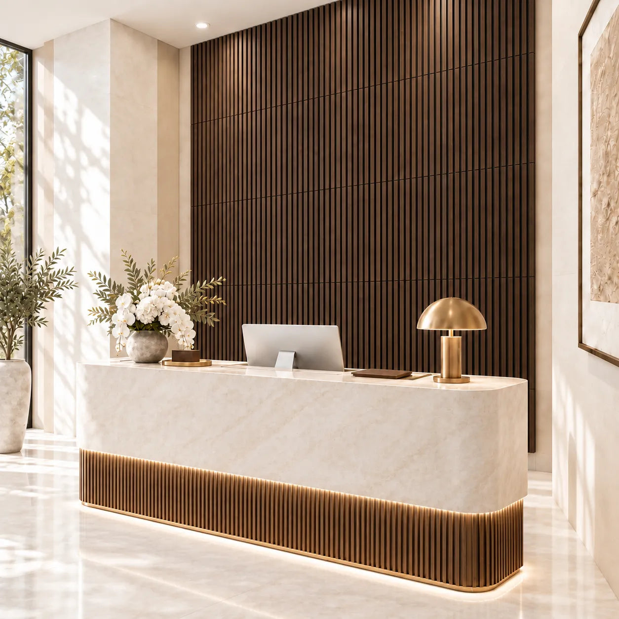 Chestnut wood slat wall panels behind modern hotel reception desk