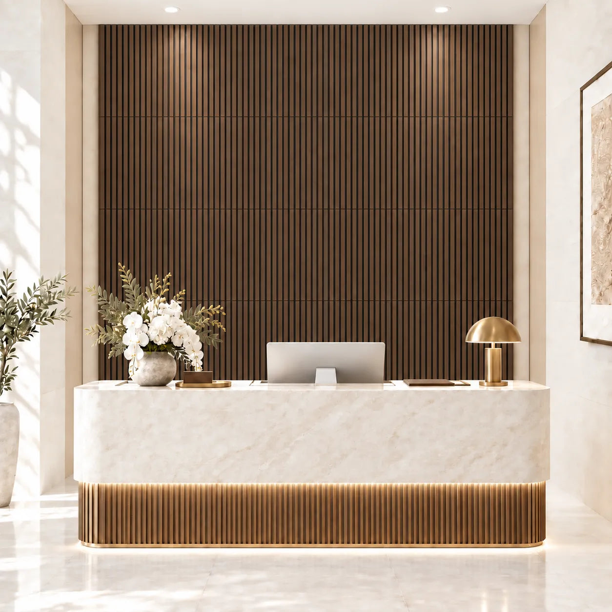 Front view of Chestnut wood slat wall panelling in hotel reception
