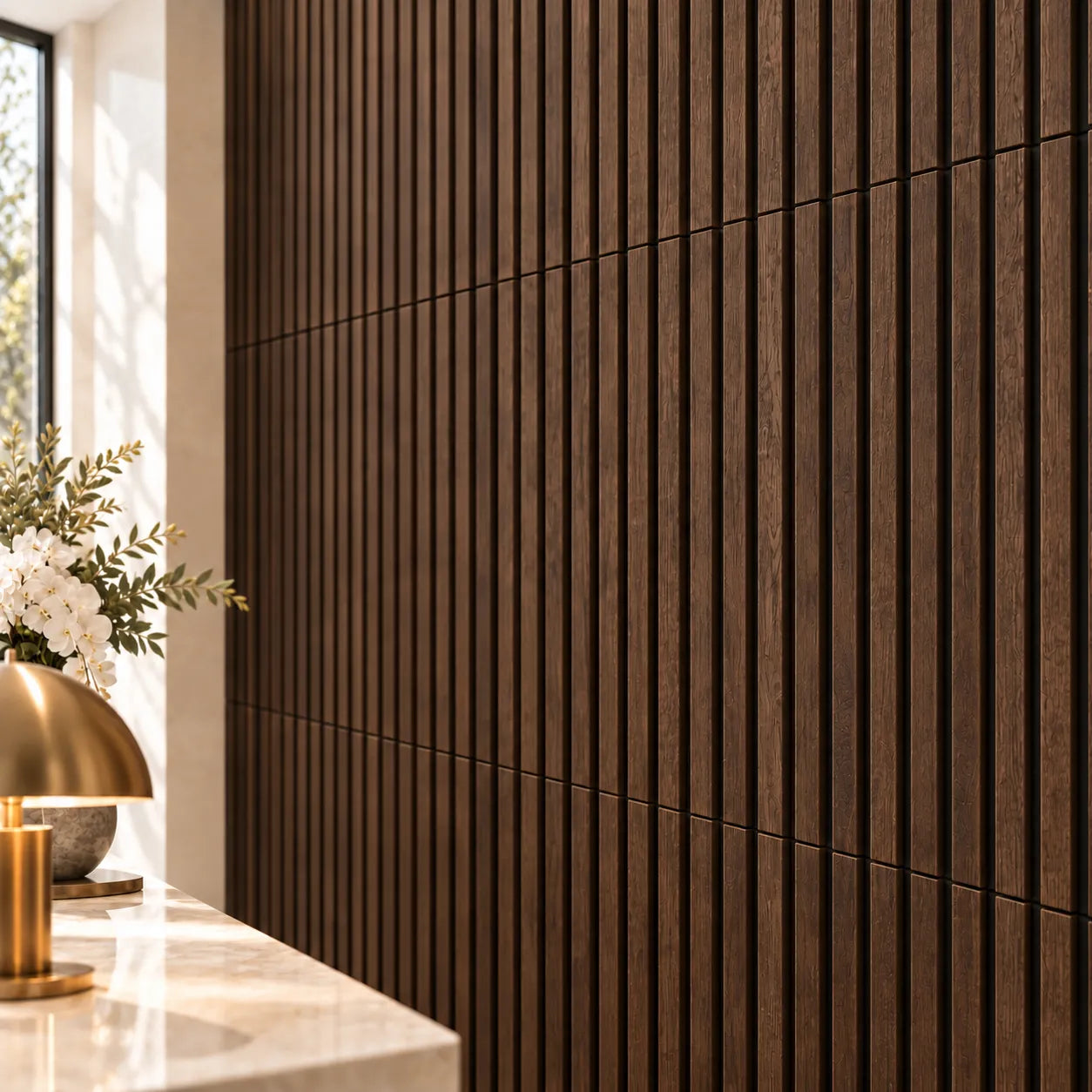 Chestnut wood slat wall panelling close-up in hotel reception