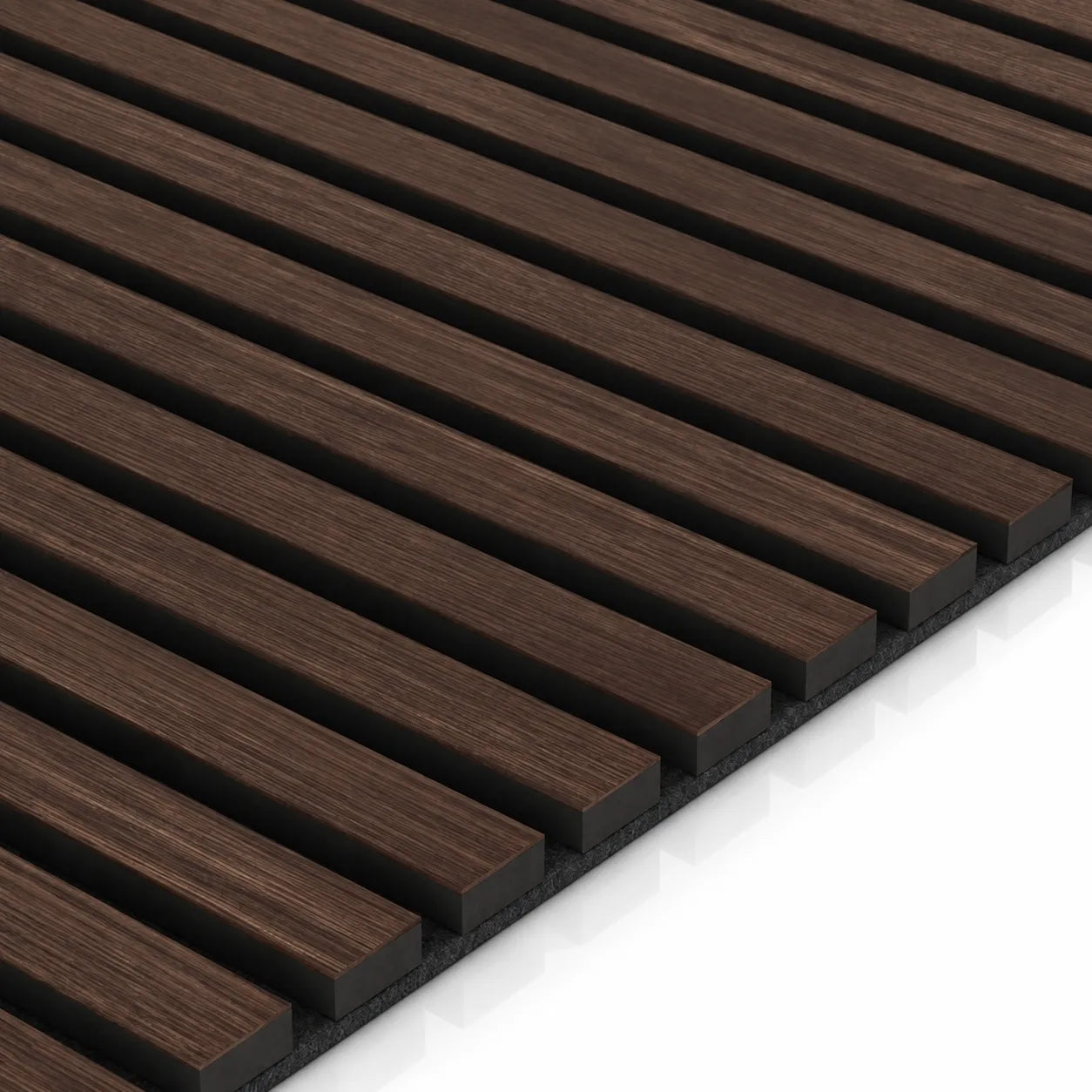 Close-up of Chestnut wood slats with black acoustic felt backing