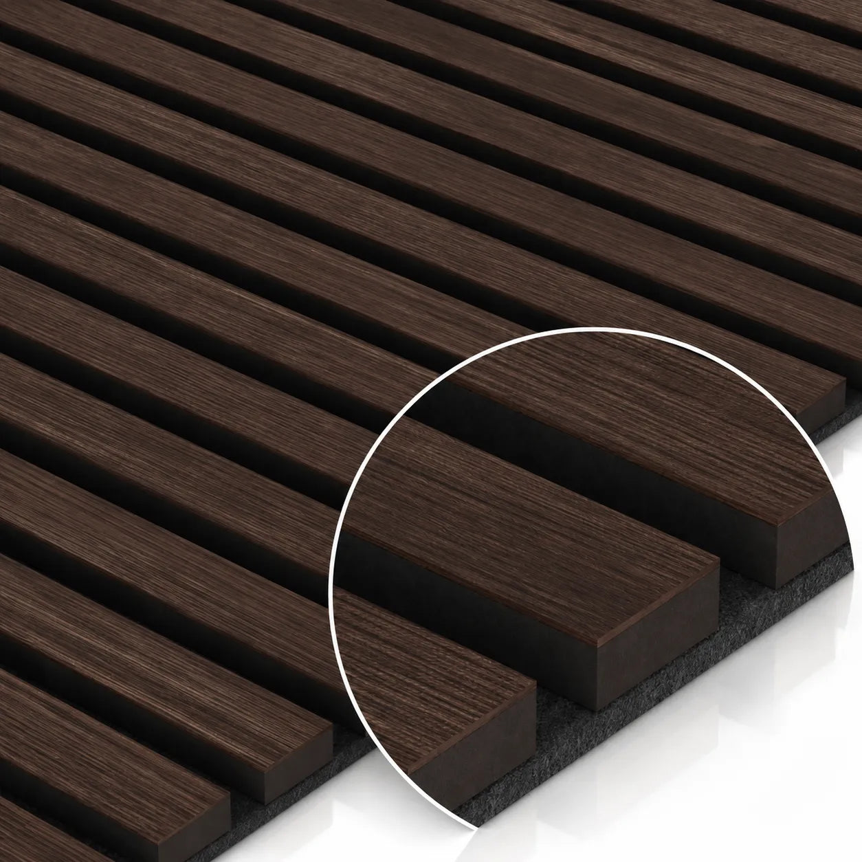 Chestnut veneer wall slats detail with black felt backing