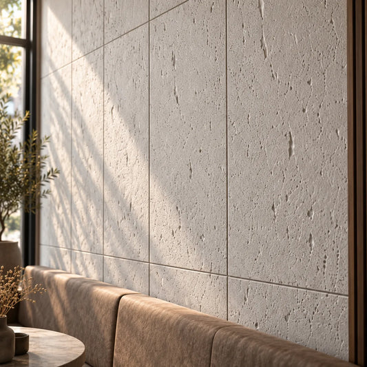 Gros plan sur des panneaux muraux en plâtre effet béton montrant une texture réaliste et les détails de surface