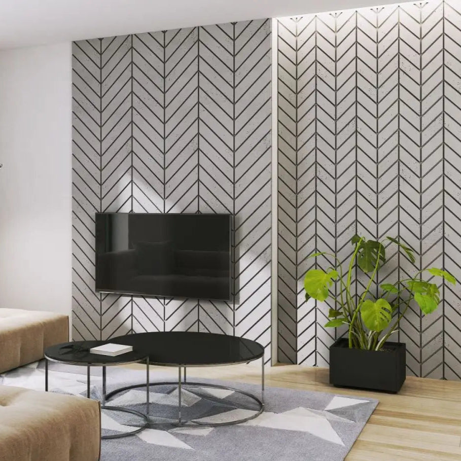 Concrete Cladding HERRINGBONE L Wall Panels in living room interior square DecorMania.eu
