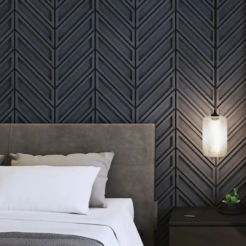 Concrete Cladding HERRINGBONE BOLD Wall Panels in bedroom interior DecorMania eu