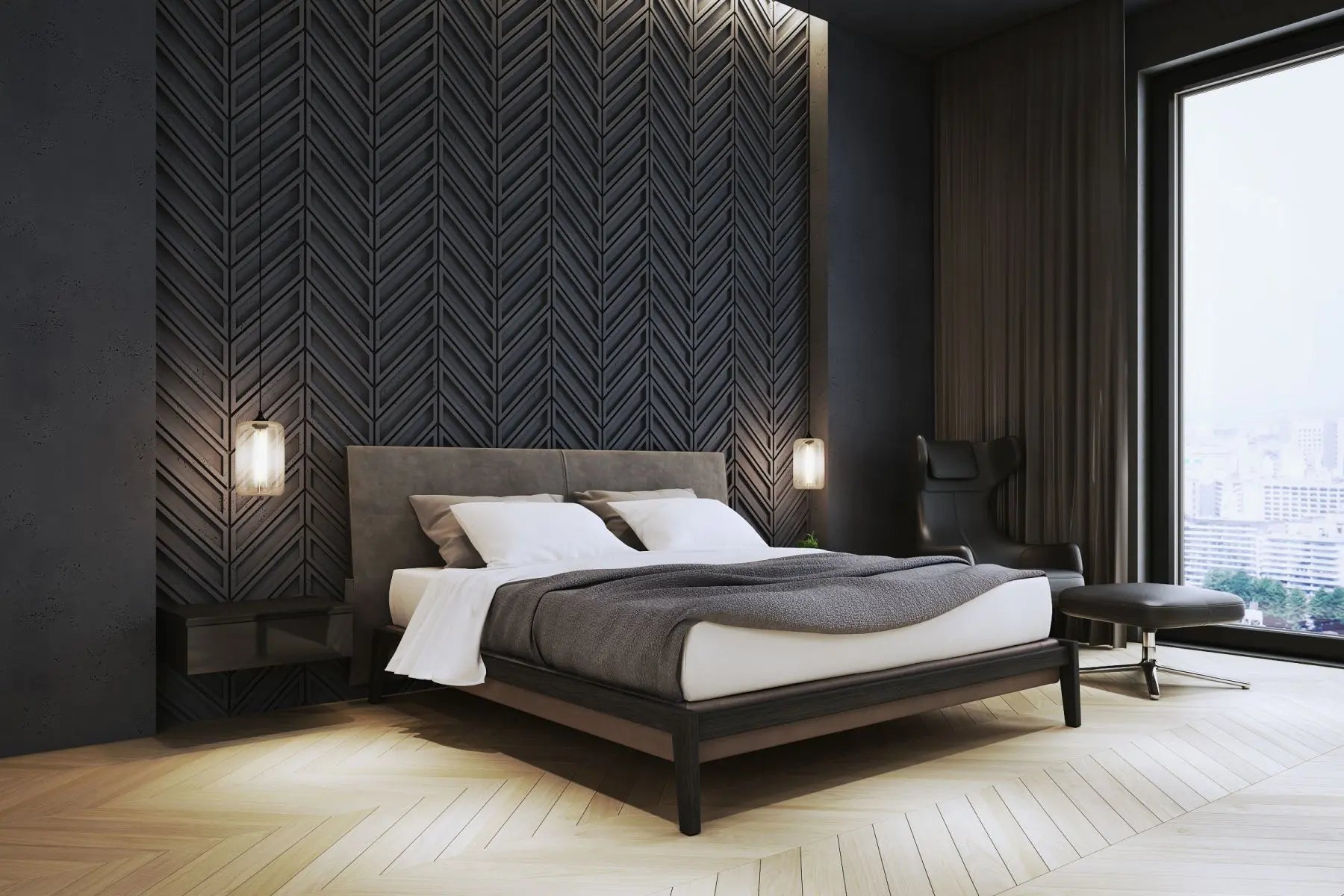 Concrete Cladding HERRINGBONE BOLD Wall Panels in dark bedroom interior DecorMania.eu