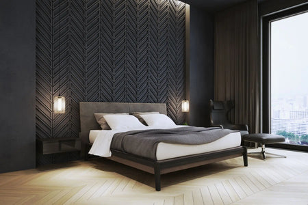Concrete Cladding HERRINGBONE BOLD Wall Panels in dark bedroom interior DecorMania.eu