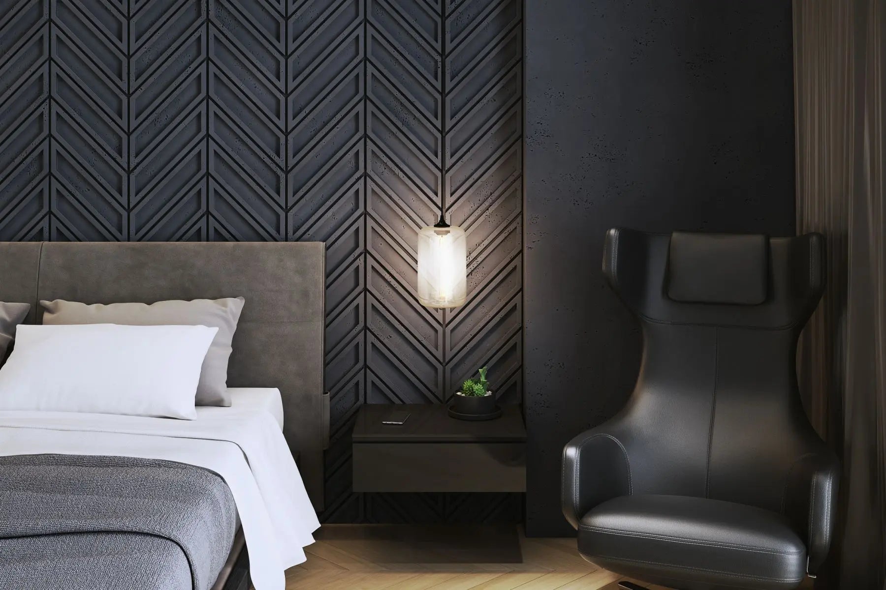 Concrete Cladding HERRINGBONE BOLD Wall Panels in black colour bedroom interior DecorMania eu