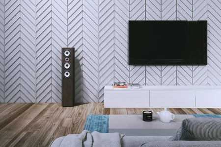 Concrete Cladding HERRINGBONE L REVERS Wall Panels in living room interior DecorMania.eu