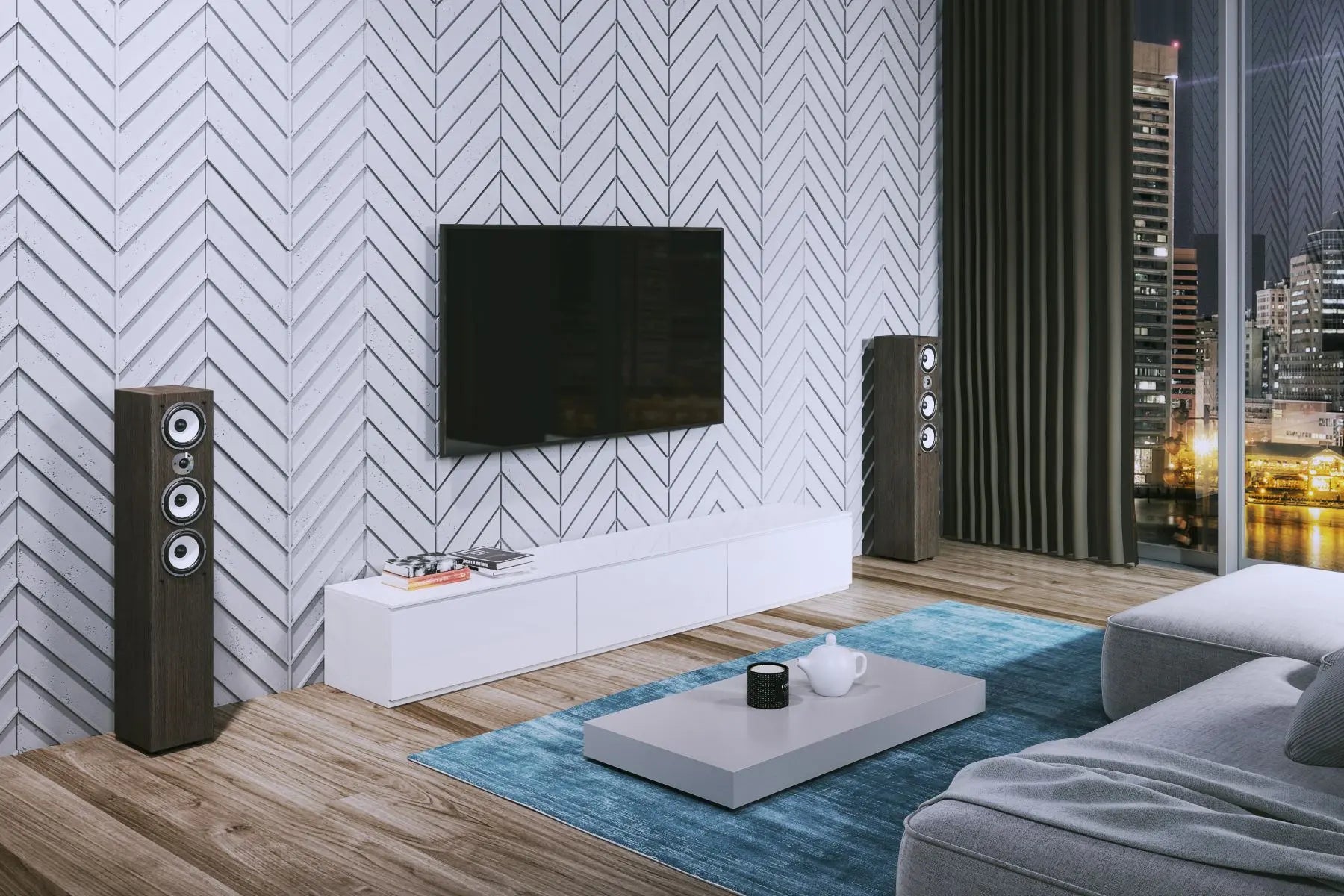 Concrete Cladding HERRINGBONE L REVERS Wall Panels in living room interior DecorMania.eu