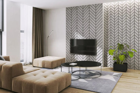 Concrete Cladding HERRINGBONE L Wall Panels in living room interior DecorMania.eu