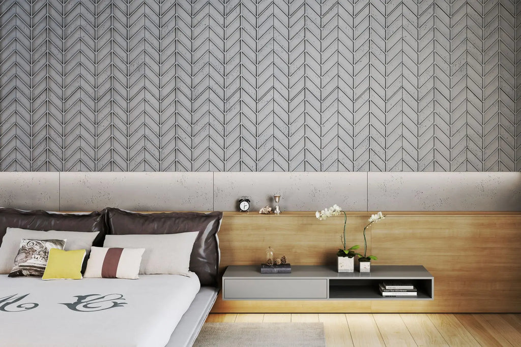 Concrete Cladding HERRINGBONE M REVERS Wall Panels in bedroom interior combined with wood DecorMania.eu