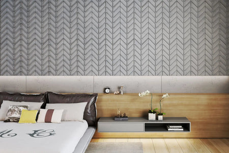 Concrete Cladding HERRINGBONE M REVERS Wall Panels in bedroom interior combined with wood DecorMania.eu