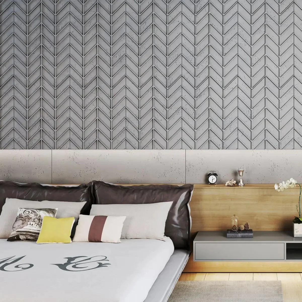 Concrete Cladding HERRINGBONE M REVERS Wall Panels in bedroom interior cropped DecorMania eu