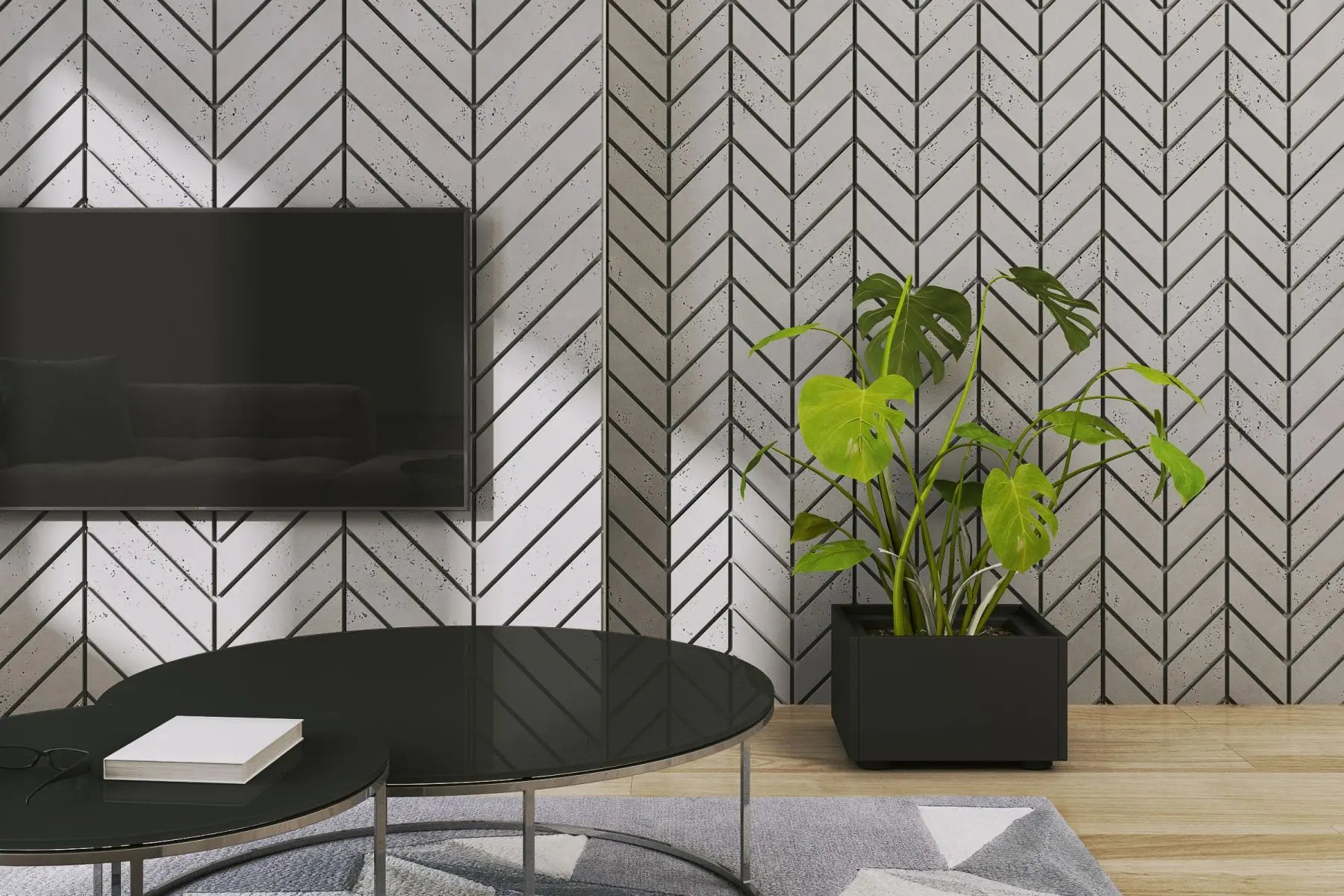 Concrete Cladding HERRINGBONE M Wall Panels in living room interior DecorMania.eu