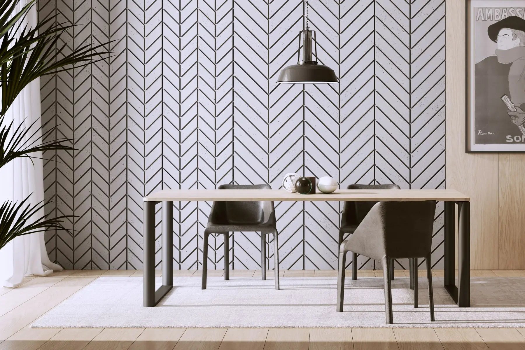 Concrete Cladding HERRINGBONE M Wall Panels in dining room interior DecorMania.eu
