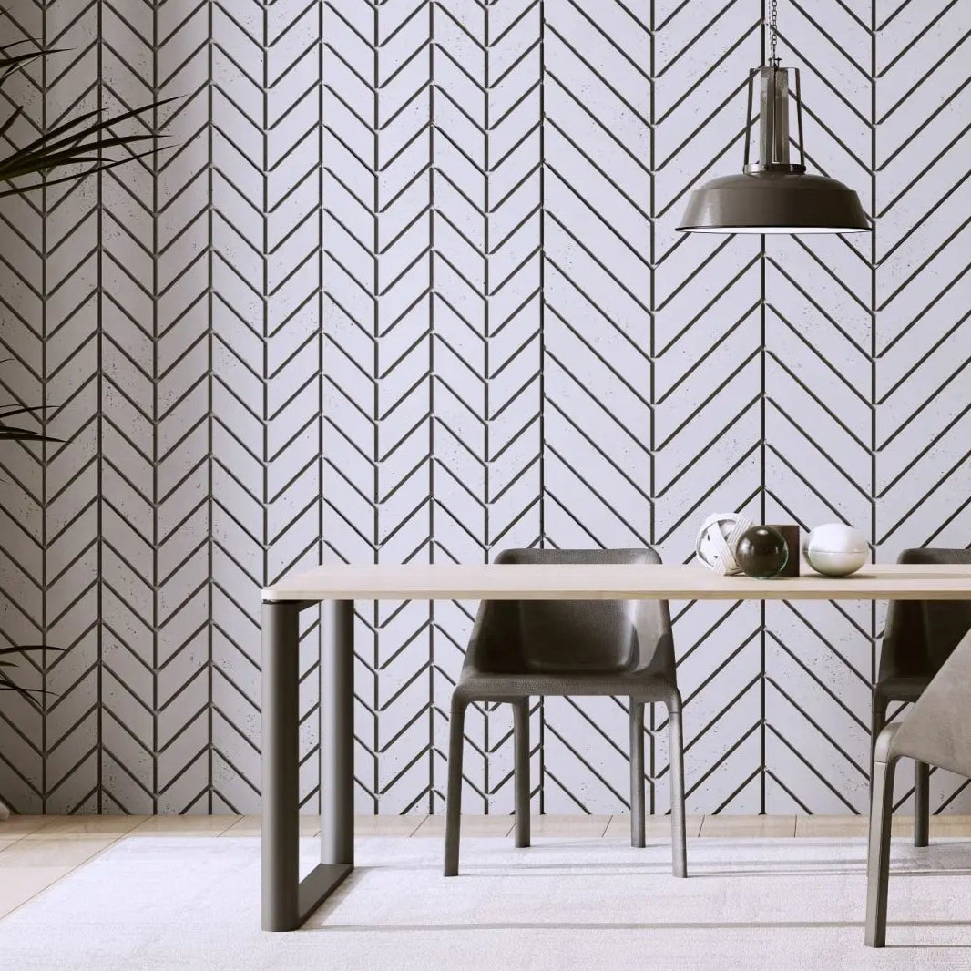 Concrete Cladding HERRINGBONE M Wall Panels in dining room interior cropped DecorMania.eu