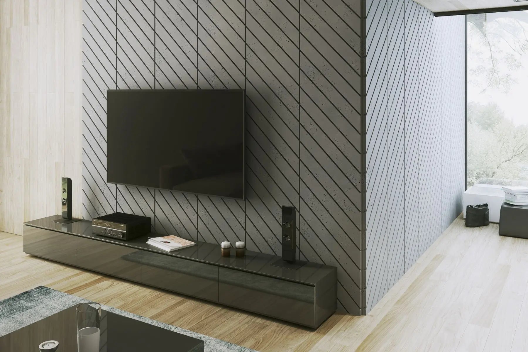 Concrete Cladding HERRINGBONE PART Wall Panels in TV room DecorMania eu