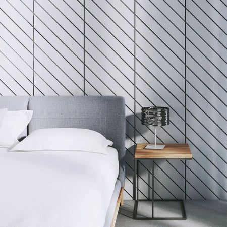 Concrete Cladding HERRINGBONE PART Wall Panels in bedroom interior closeup DecorMania.eu