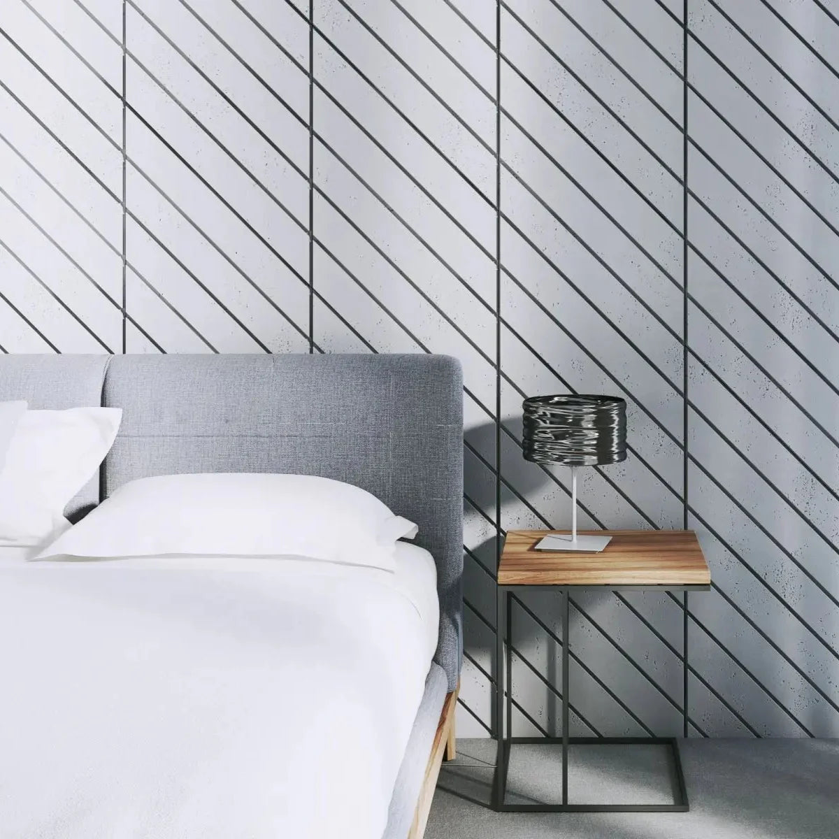 Concrete Cladding HERRINGBONE PART Wall Panels in bedroom interior closeup DecorMania eu