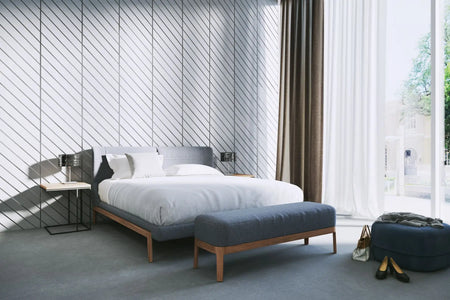 Concrete Cladding HERRINGBONE PART Wall Panels in light blue bedroom interior DecorMania.eu
