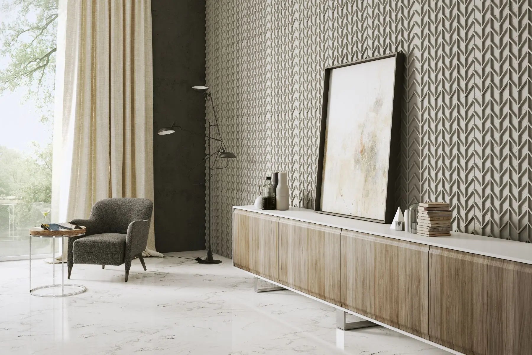 Concrete Cladding HERRINGBONE S REVERS Wall Panels in cozy living room interior combined with wood DecorMania.eu