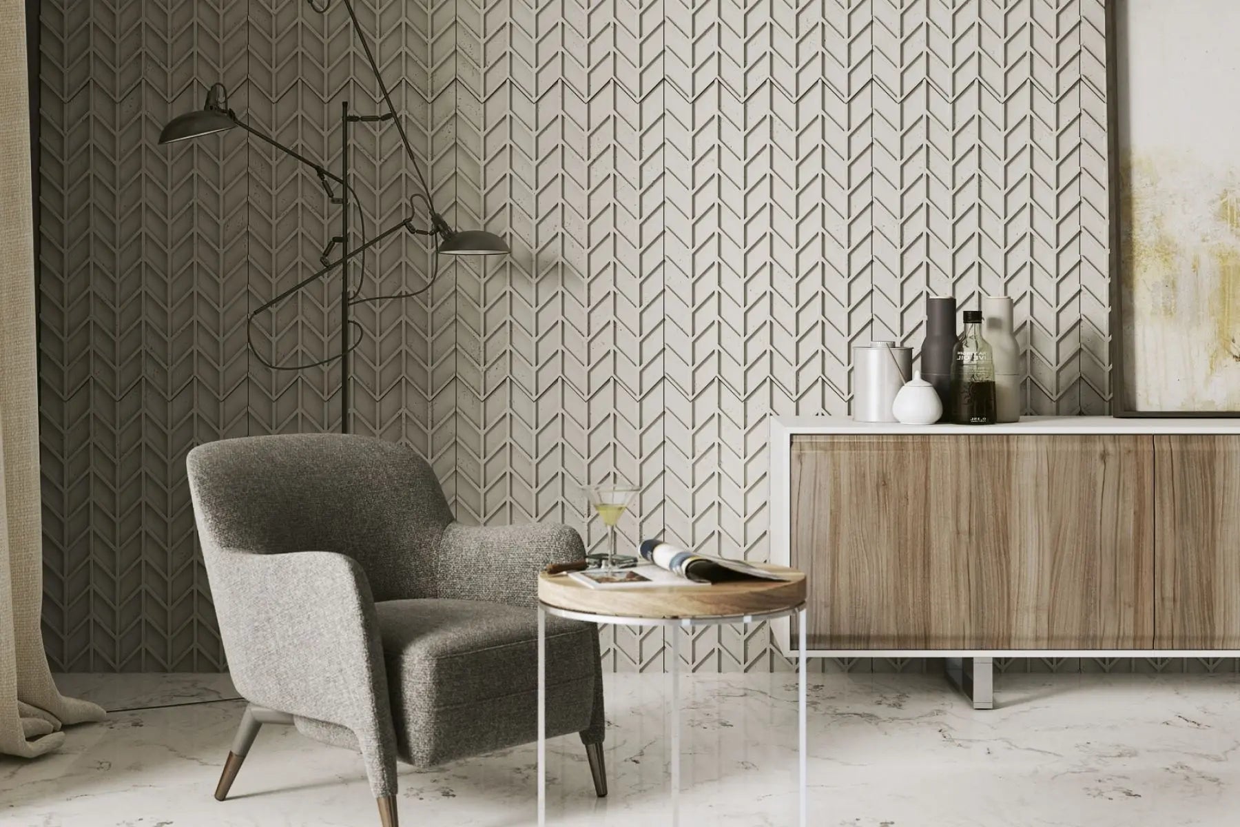 Concrete Cladding HERRINGBONE S REVERS Wall Panels in cozy living room inerior DecorMania.eu