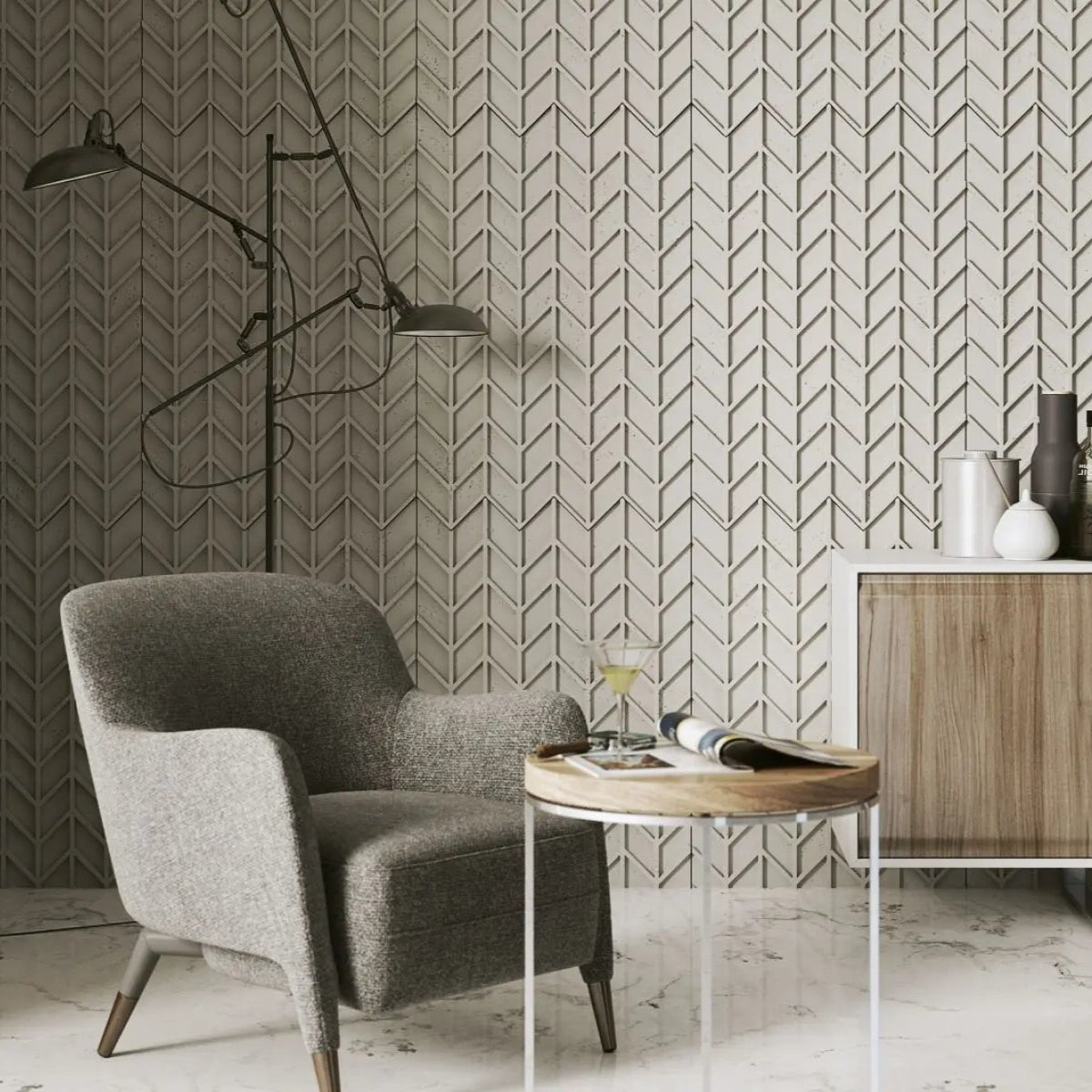 Concrete Cladding HERRINGBONE S REVERS Wall Panels in cozy living room interior cropped DecorMania.eu