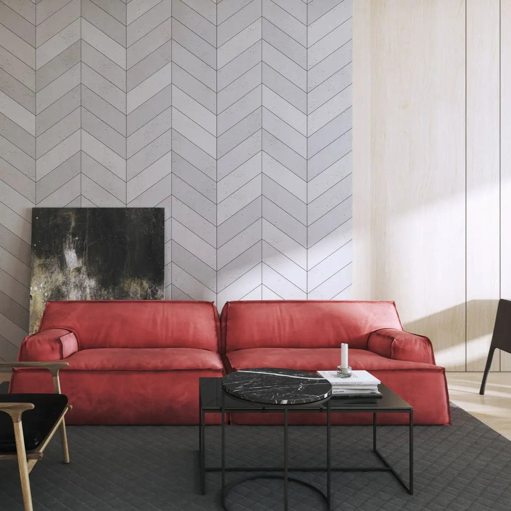 Concrete Cladding HERRINGBONE Wall Panels in modern living room interior DecorMania.eu