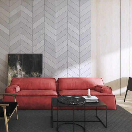 Concrete Cladding HERRINGBONE Wall Panels in modern living room interior DecorMania.eu