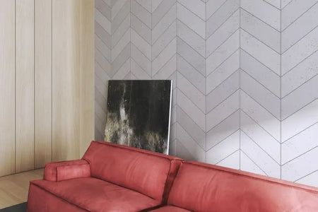 Concrete Cladding HERRINGBONE Wall Panels in living room interior DecorMania.eu