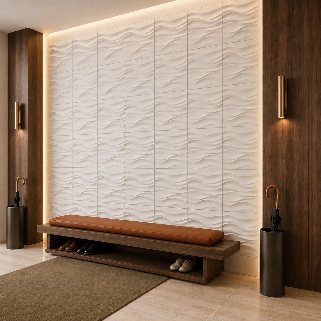 Modern hallway with white Desert Sand gypsum 3D wall panels, wooden bench, warm lighting and brass accents