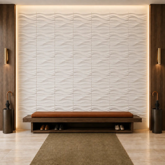 Front view of an elegant hallway featuring white 50 x 50 cm gypsum wall panels with a flowing wave relief