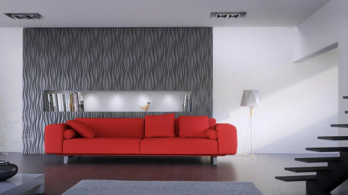 DESERT SAND Gypsum 3D Wall Panels in grey living room interior DecorMania.eu