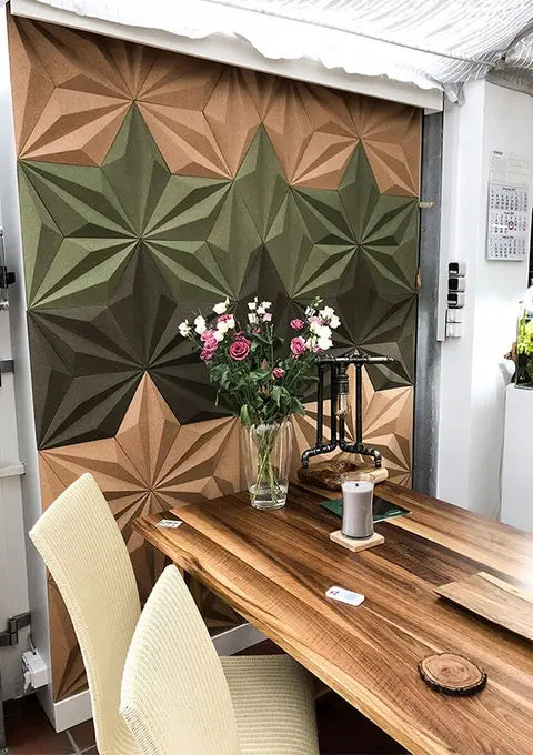 DIAMOND LINE 3D Cork Acoustic Wall Panels in cozy dining room interior DecorMania.eu
