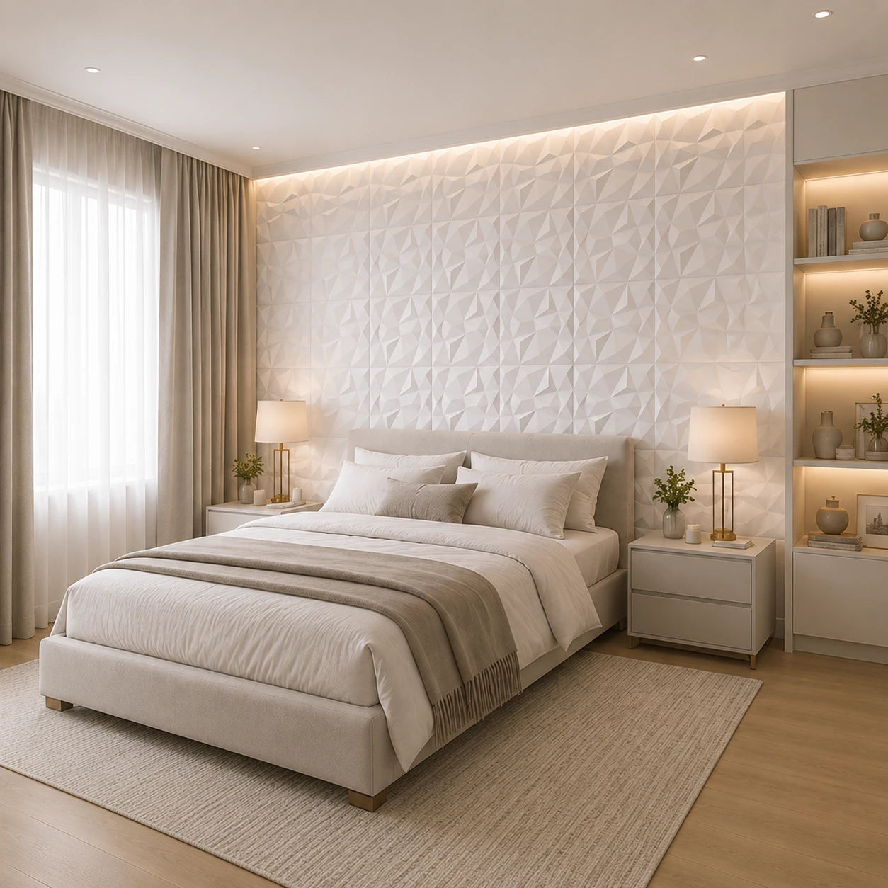 Elegant neutral bedroom featuring a floor-to-ceiling accent wall of white 3D polystyrene panels with a faceted diamond pattern and warm integrated lighting