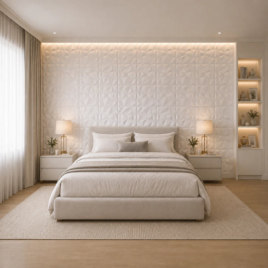 Front view of a modern beige bedroom with symmetrical bedside tables and a full feature wall covered in white geometric 3D polystyrene panels