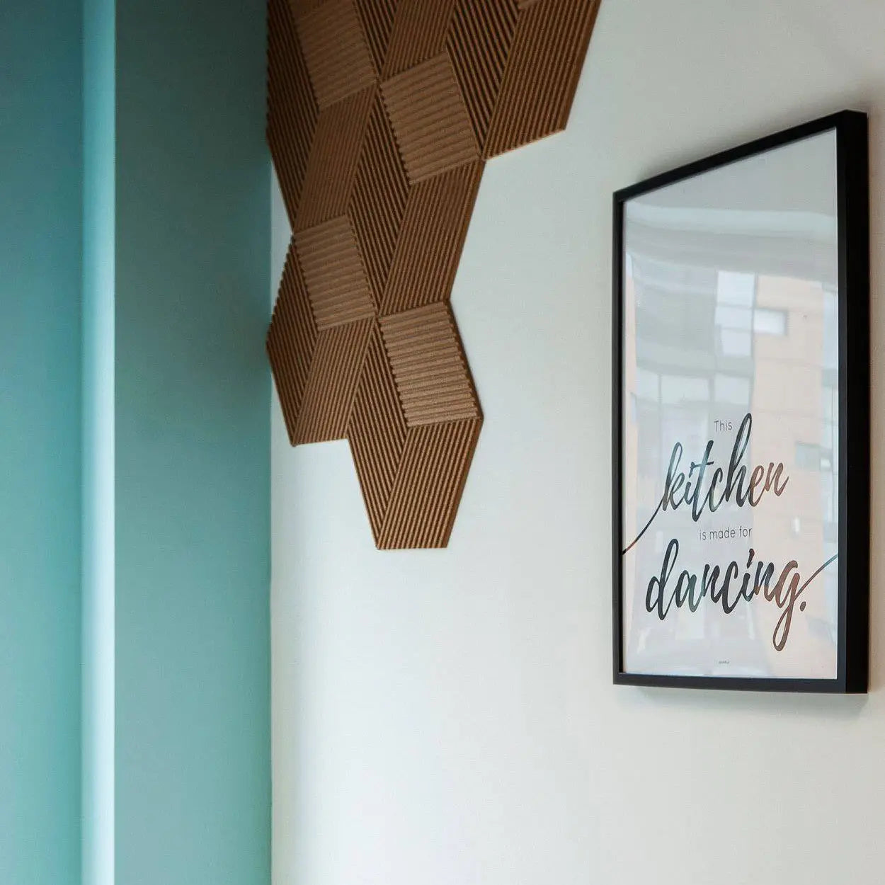 DIAMOND STRIPE 3D Cork Acoustic Wall Panels in white and teal colour interior DecorMania.eu