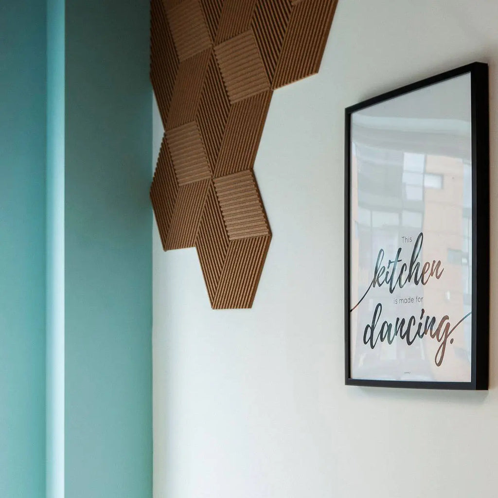 DIAMOND STRIPE 3D Cork Acoustic Wall Panels in white and teal colour interior DecorMania.eu